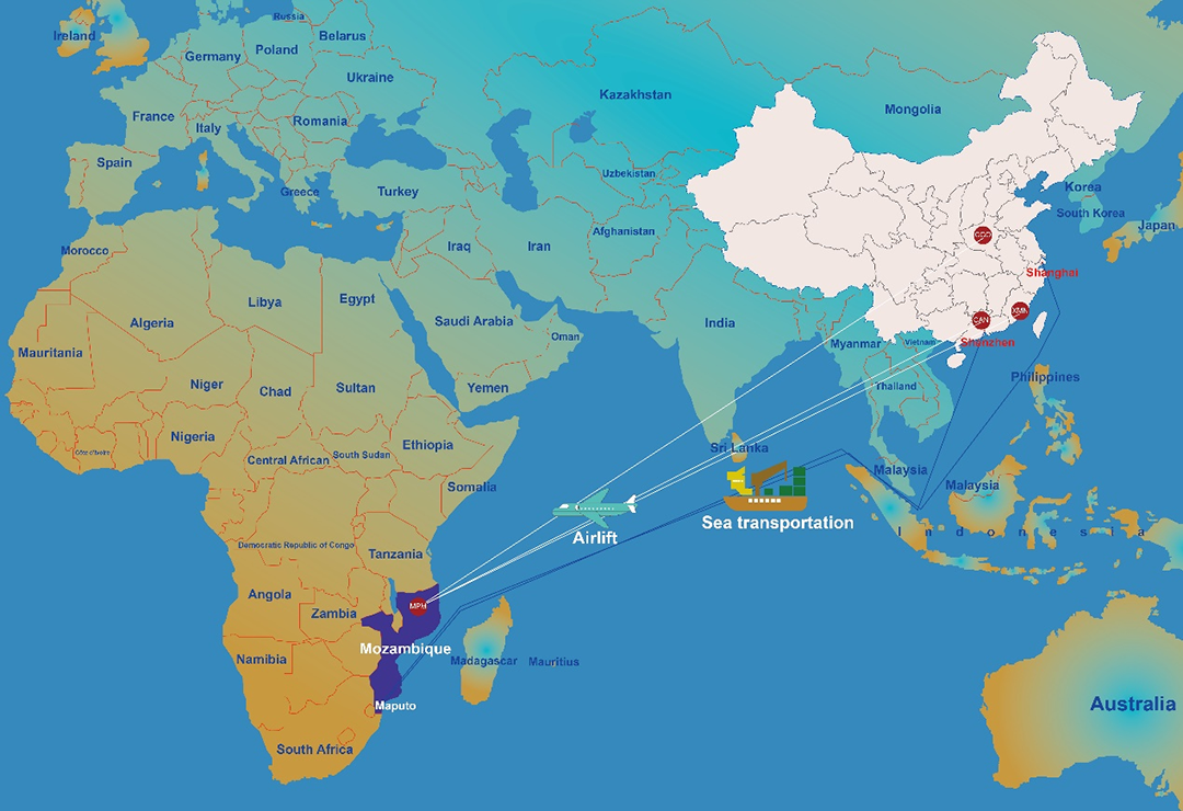 transporte e carga aérea da China para Moçambique